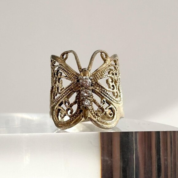 FIligree Ornate Sterling Silver Butterfly Shaped CZ Gemstone Vintage Ring - sz 7 - Picture 1 of 10
